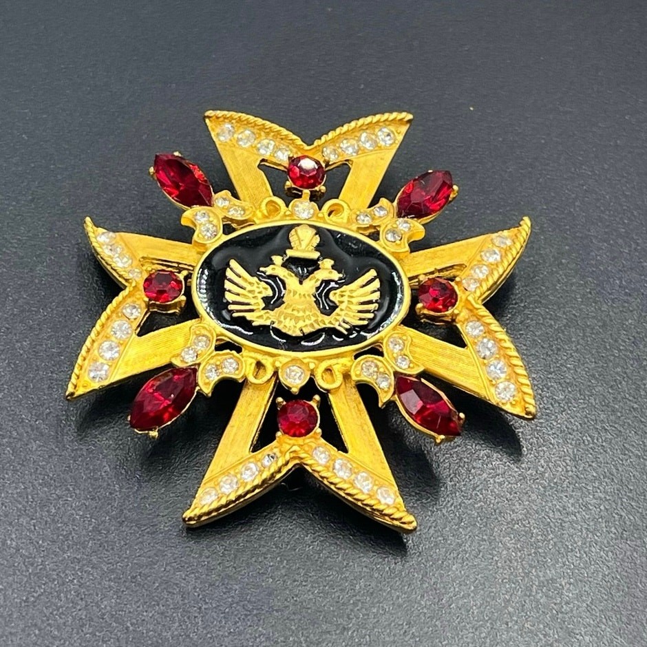 Russian Maltese Cross Red Rhinestone Black Enamel Pearl Crown Eagle Brooch