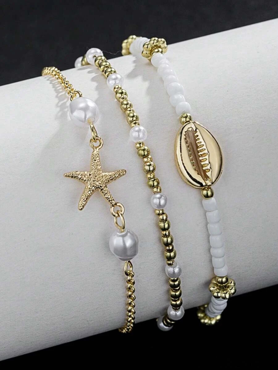 3pcs Starfish Shell Anklet Set Women Beach Beaded Jewelry