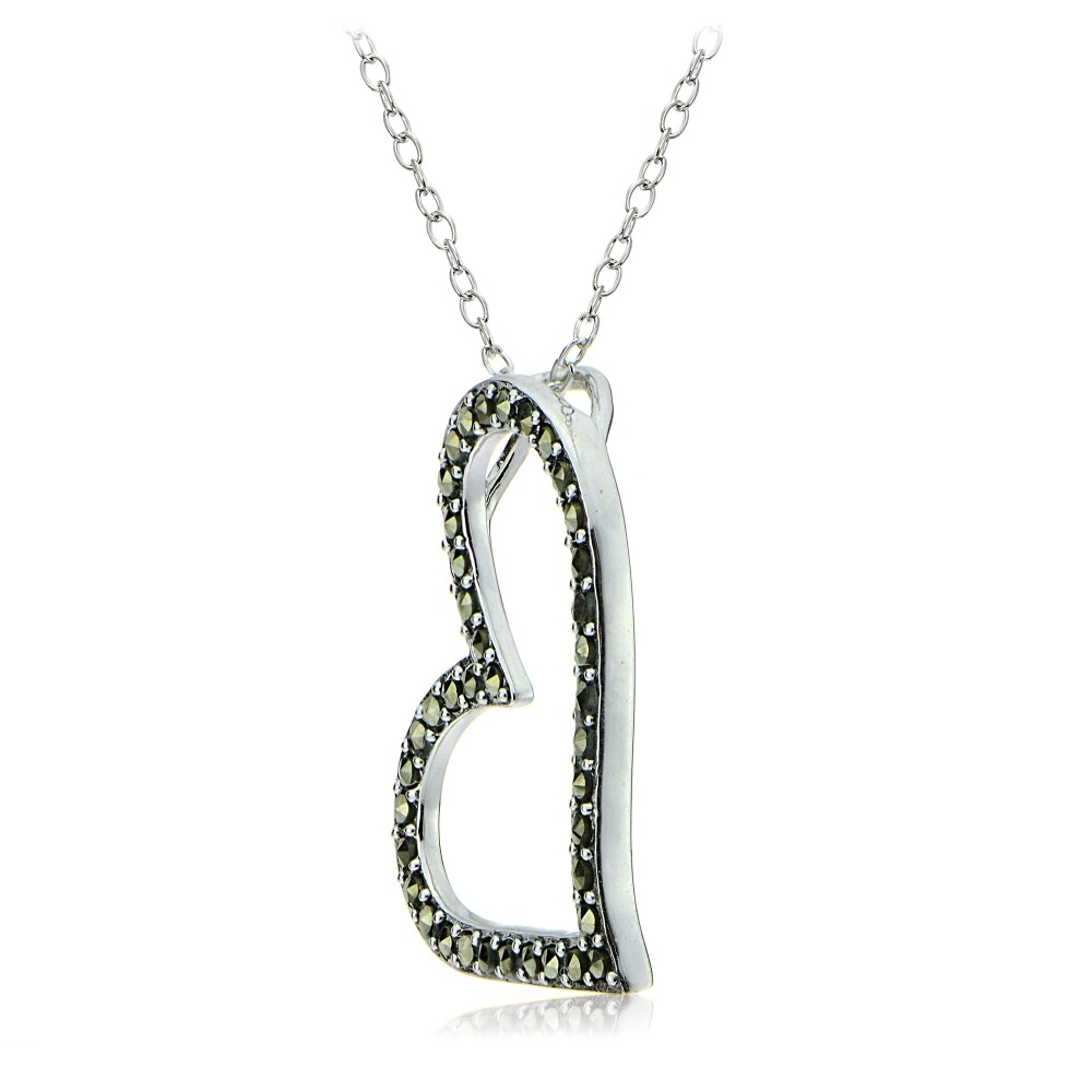 Sterling Silver Marcasite Sideways Open Heart Necklace