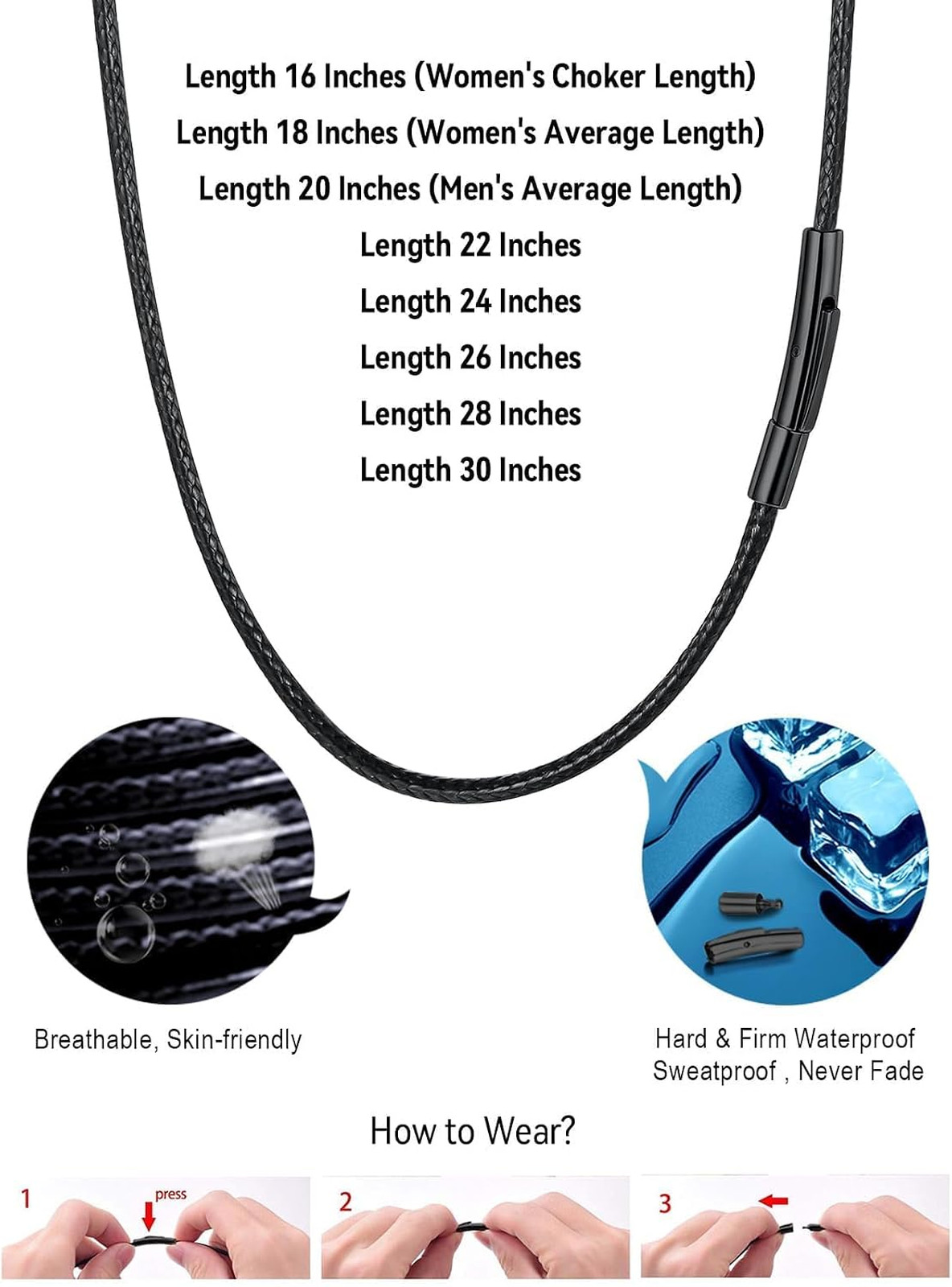 Men’s Leather Necklace Cord with Stainless Steel Clasp 2mm 3mm 16-30in Black