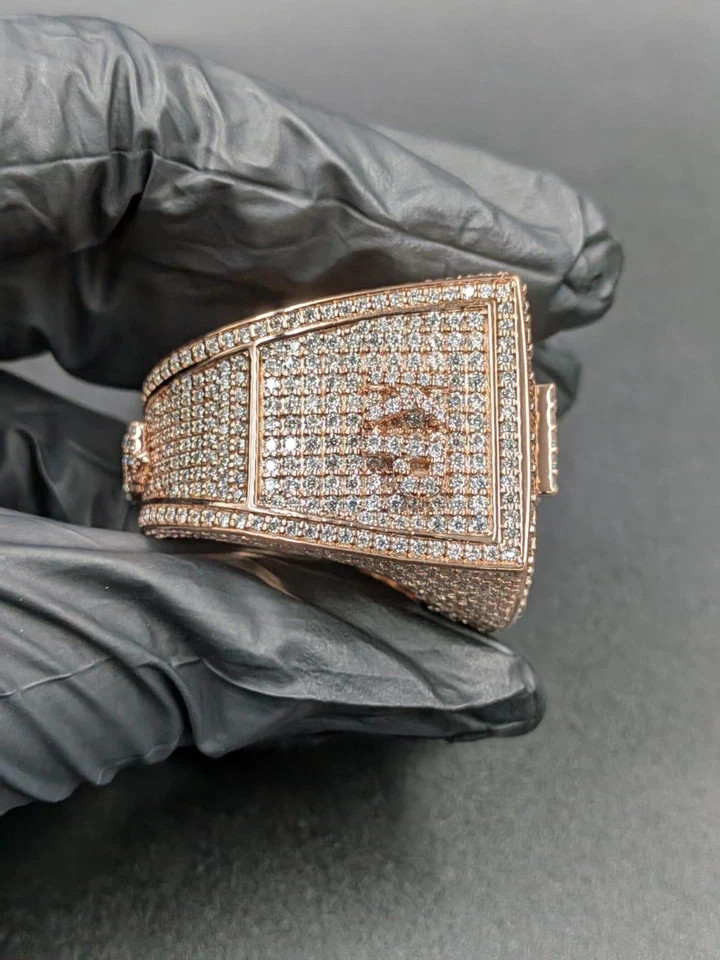 5TCW Lab Created Diamond Iced Statement Custom Name Ring in 14k Rose Gold Plated
