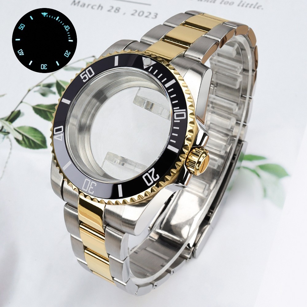 40mm SUB Watch Cases Bracelet Two Tone Gold Luminous Bezel For Janpan NH35 NH36
