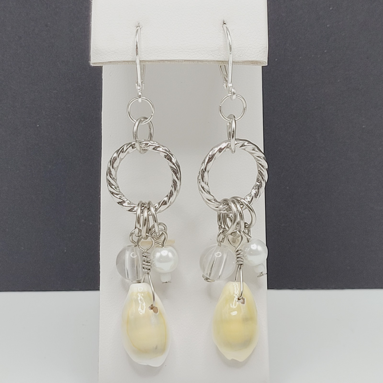 Handcrafted Boho Cowrie Shell Dangle Earrings Silver Tone Cluster Beaded Coastal