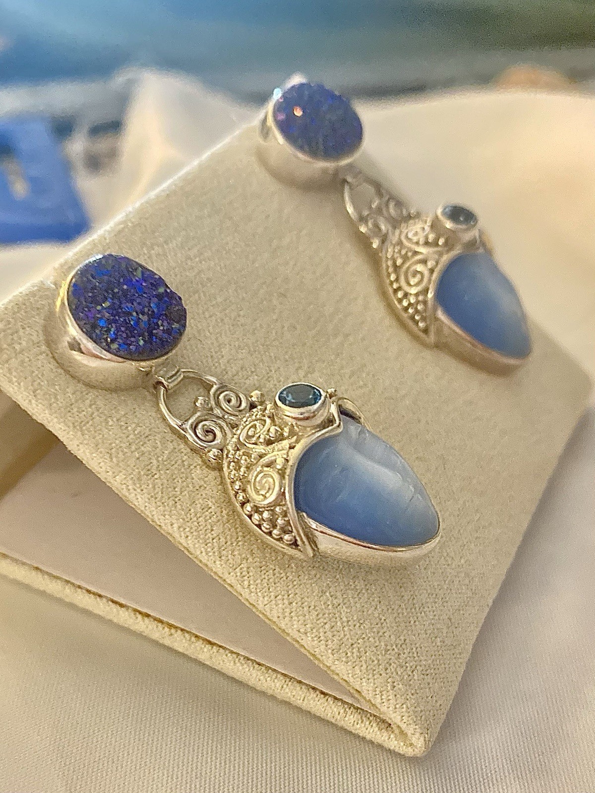 Vintage Sajen 925 Sterling Silver Carved Goddess Face Druzy, Topaz Earrings