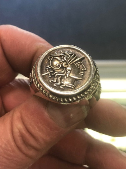 Sterling Silver 925 Heavy 35.8g-36.3g Caduceus Roman Mercury Coin Style Ring