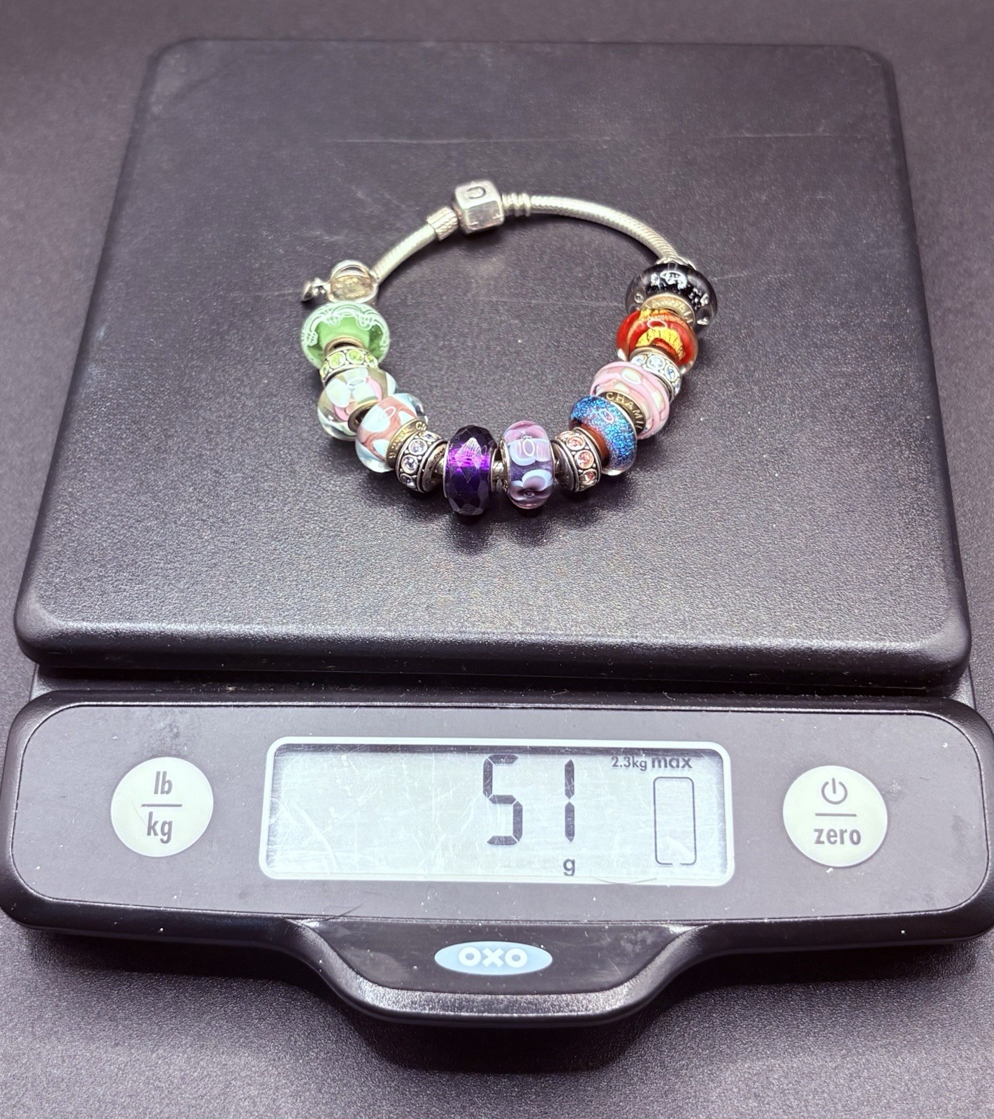 Chamilia Sterling Silver 925 Charm Bracelet 15 Murano Glass CZ Beads 7.5” 51g