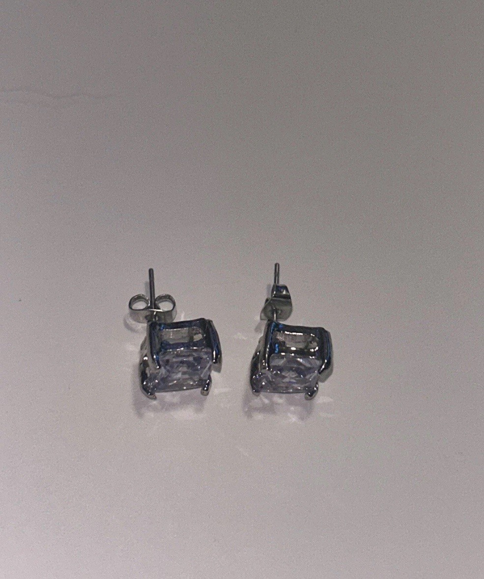 8mm Princess Cut Zircon Stud Earrings Silver Plated Diamond Alternative