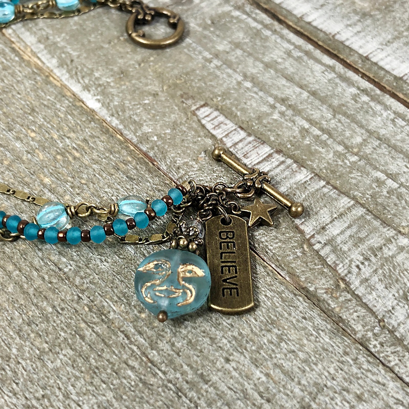 Boho Bronze Triple Strand Bracelet with Turquoise Hurricane Glass Beads
