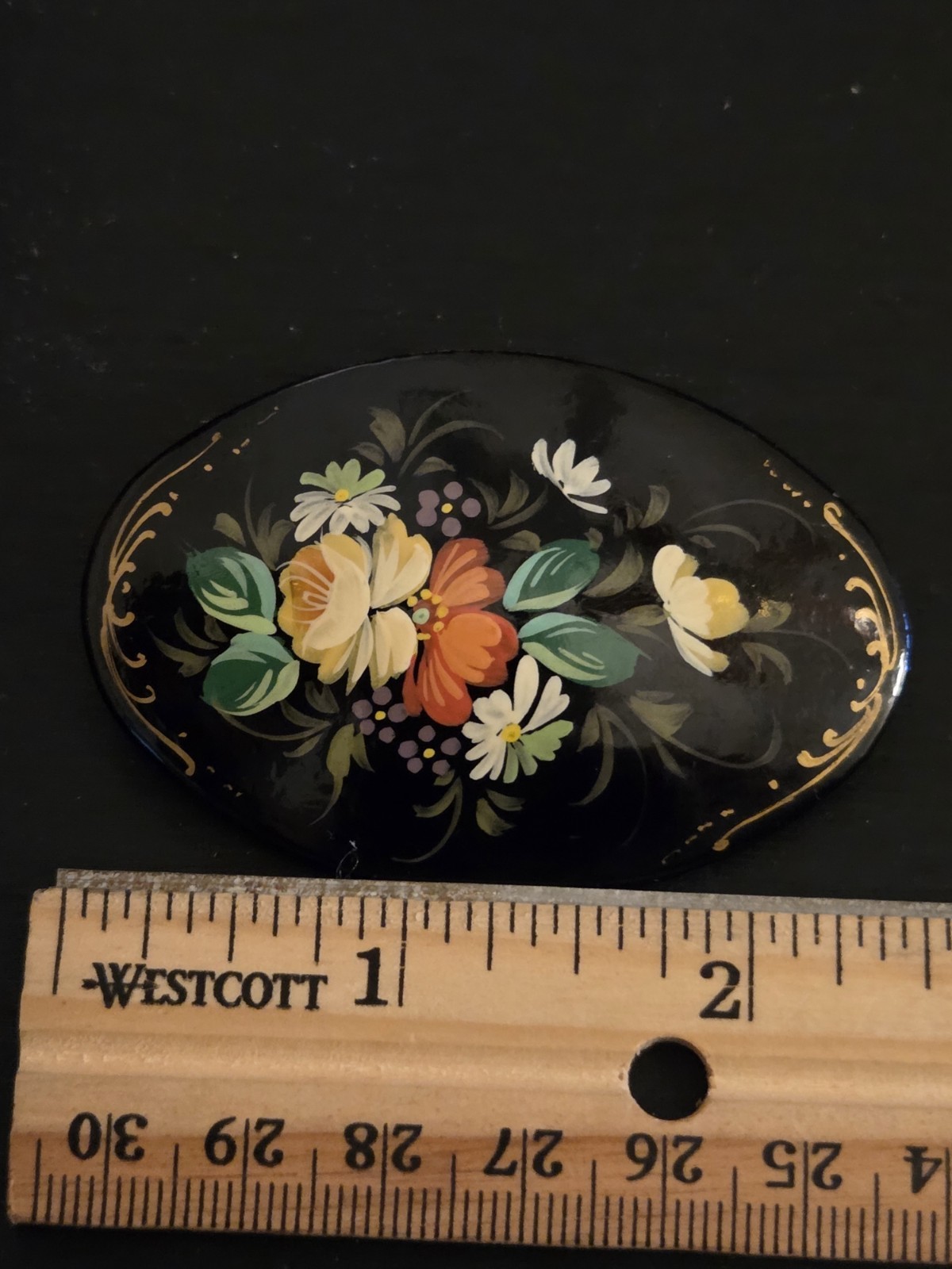 Wood Oval Black Hand-Painted Floral Brooch Pin Multicolor 2.5 in