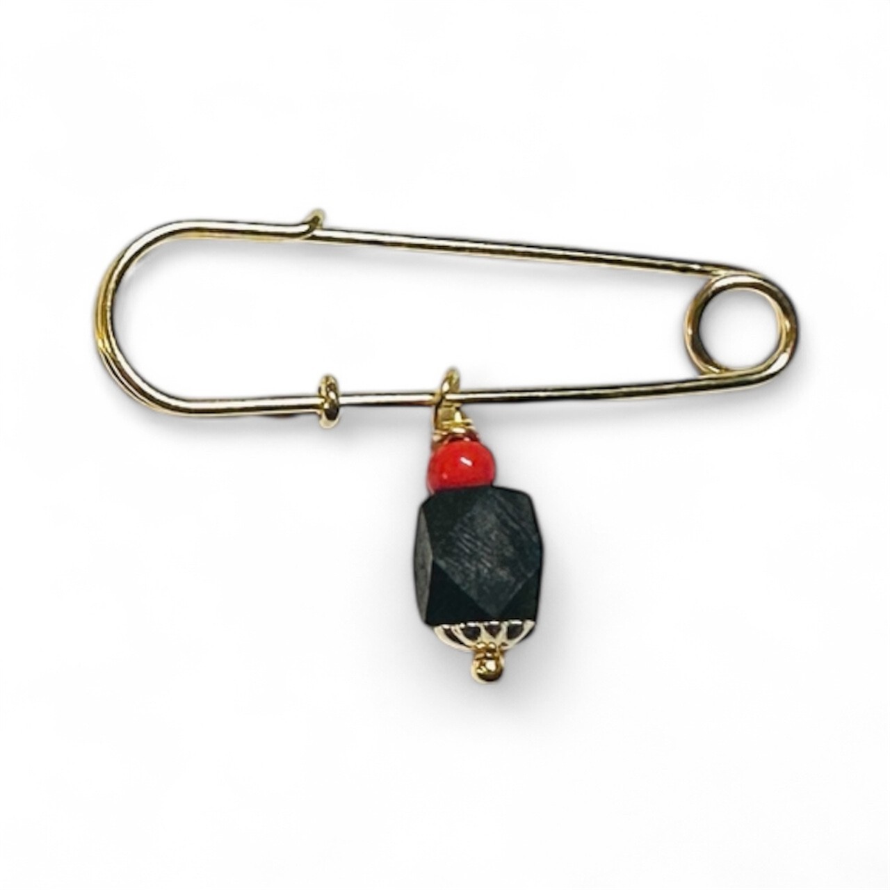 14 Karat Yellow Gold Filled and Genuine 5mm Azabache Jet Safety Pin (1.25″)