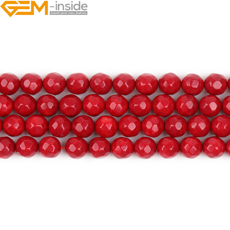 Faceted Red Coral Beads 15″ – Dyed Round Loose Gemstone Jewelry Making Strand”