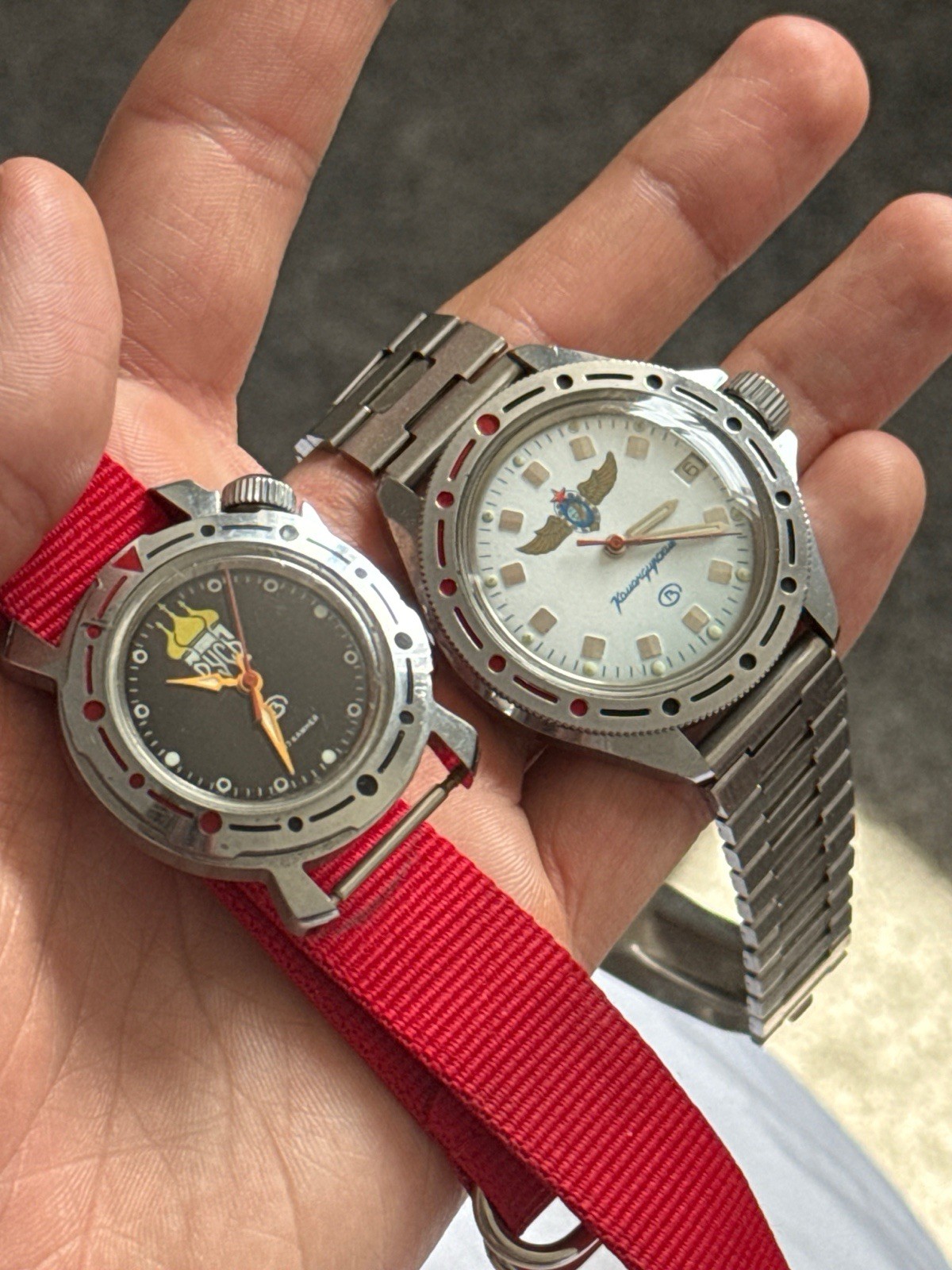 ⁠Vintage Vostok Rus Russian Soviet Era Mechanical Watch Red NATO Strap⁠
