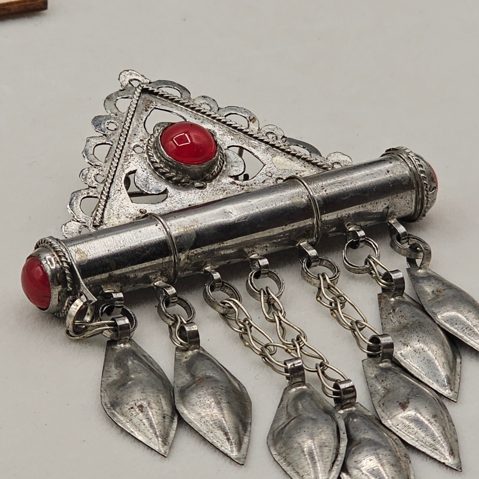 Vintage Turkman Tumar Amulet Pin Tube Verse Holder Red Glass Cabochons