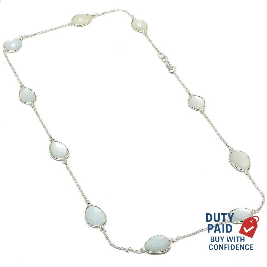 Natural Rainbow Moonstone Silver Plated Bezel Set Chian Wedding Necklace Jewelry