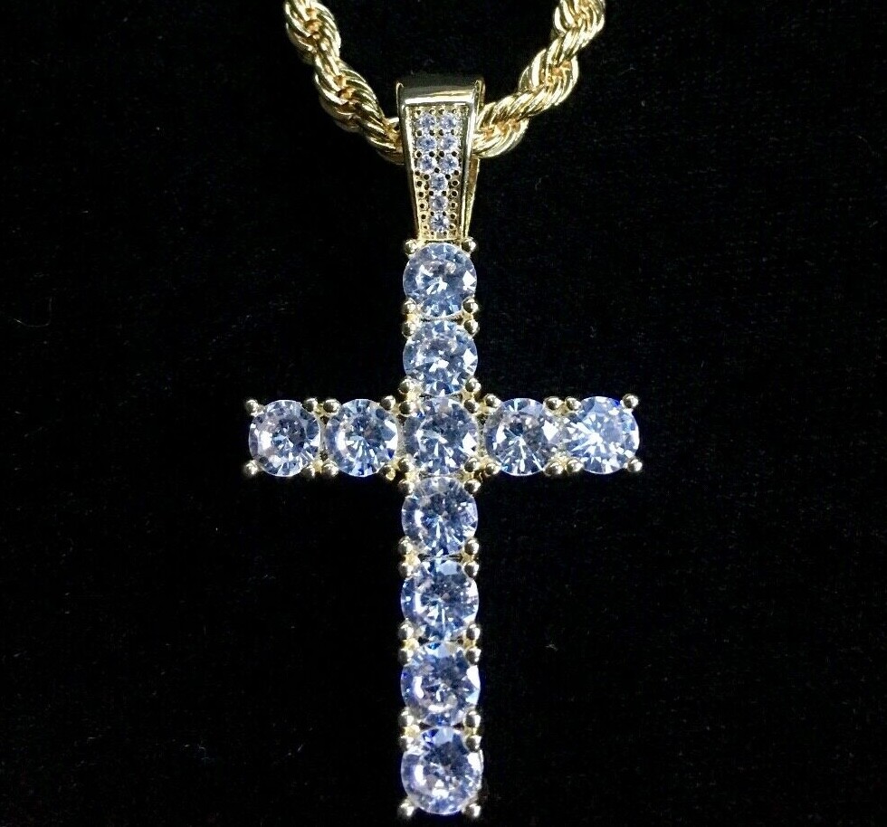 Cross Pendant Tennis Solid 18K Gold f Lab Diamond Cuban Link Necklace Chain Rope