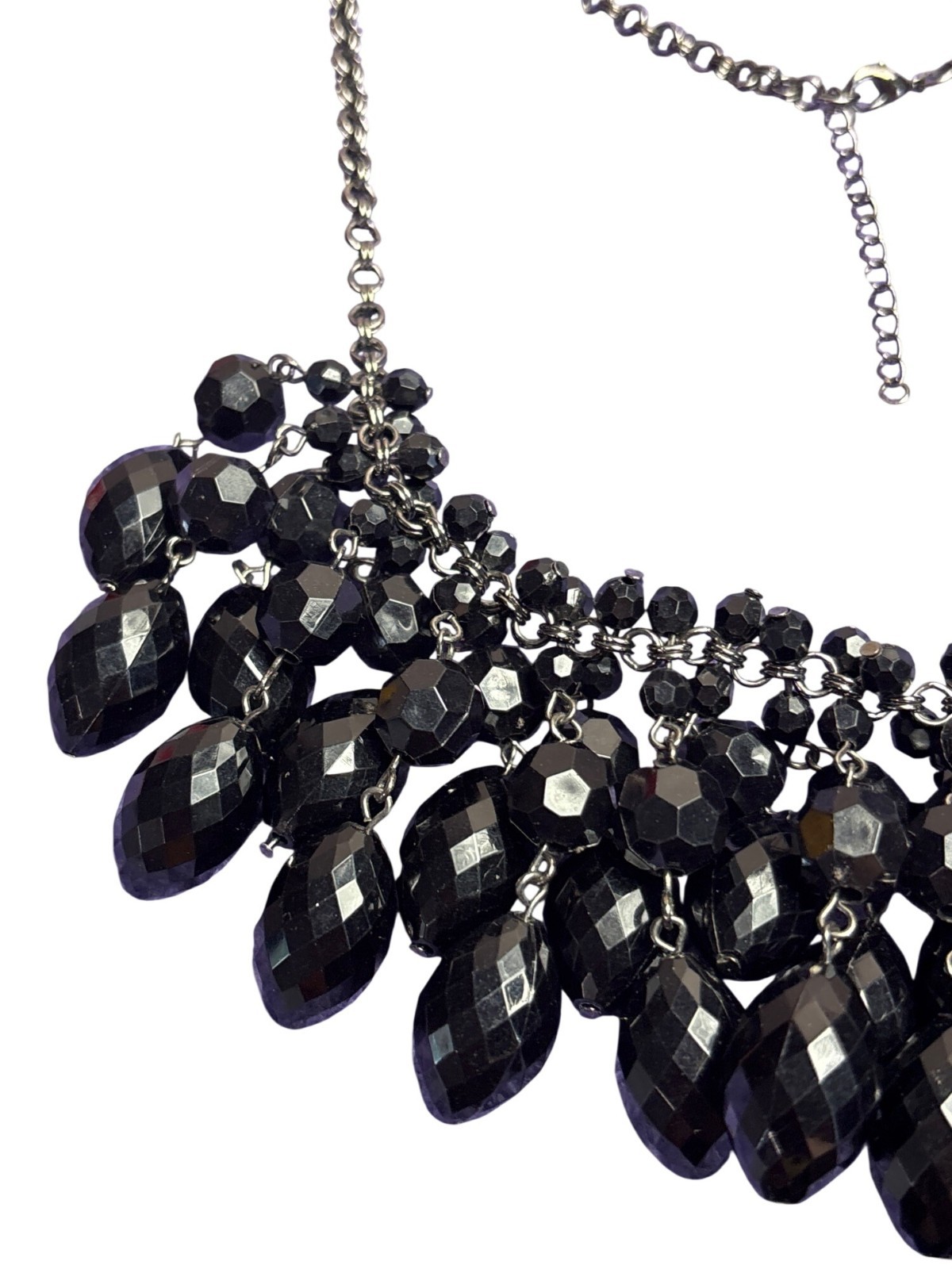 Statement Black Plastic Beaded Fringe Bib Necklace Gunmetal 21 – 23 inches Long