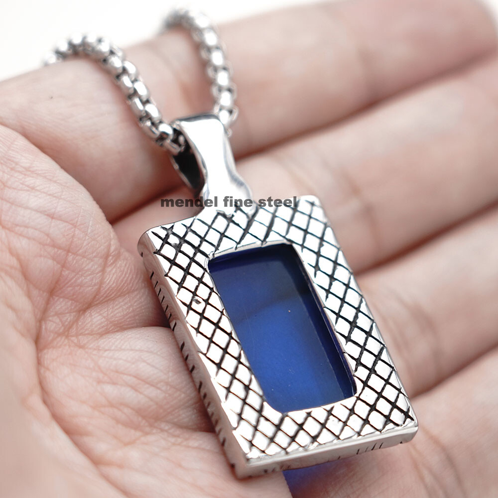 MENDEL Cool Mens Hip Hop Blue CZ Stone Pendant Necklace For Men Stainless Steel