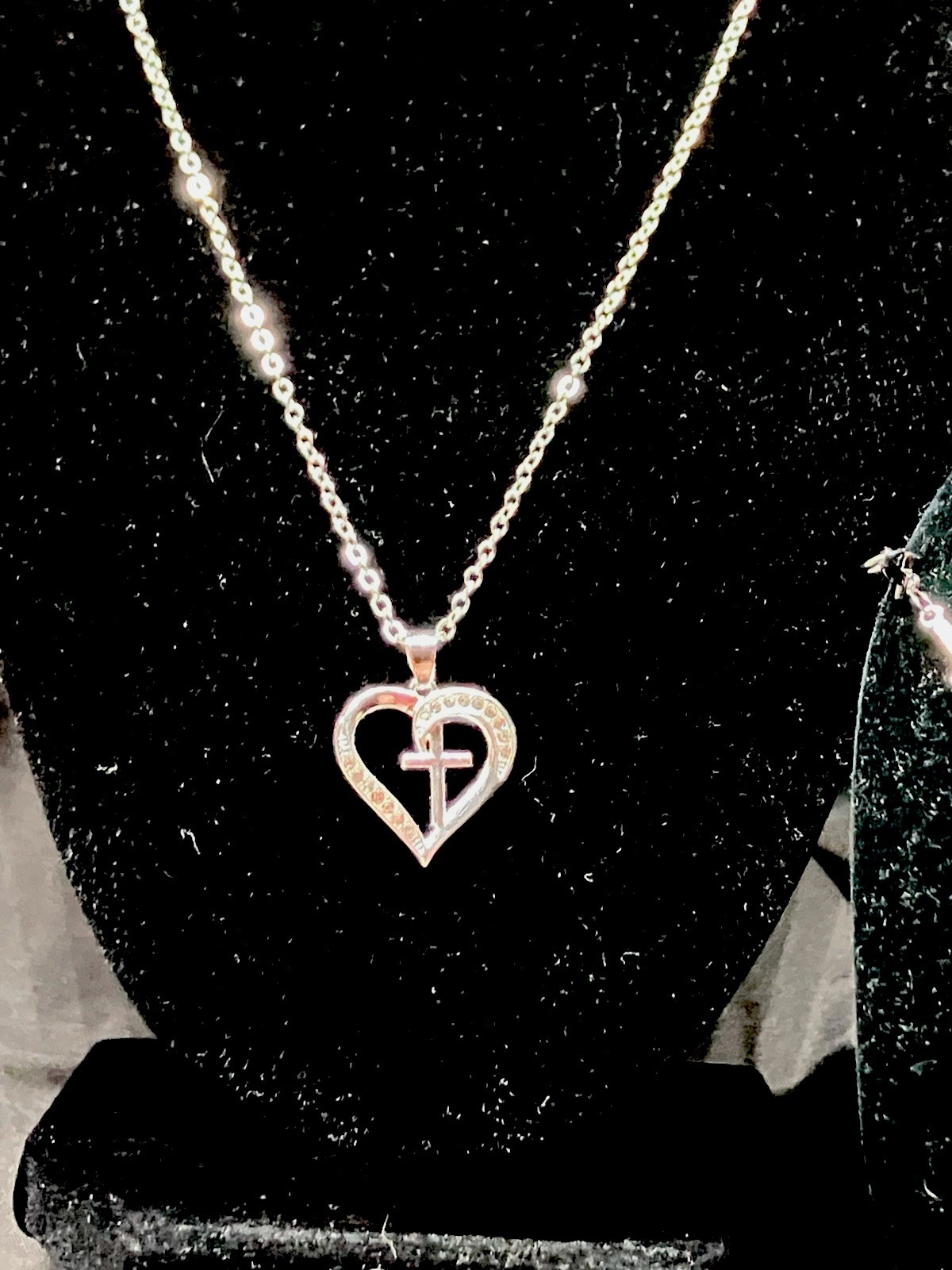 Womens Stainless steel heart w/cross CZ necklace and cross bracelet set