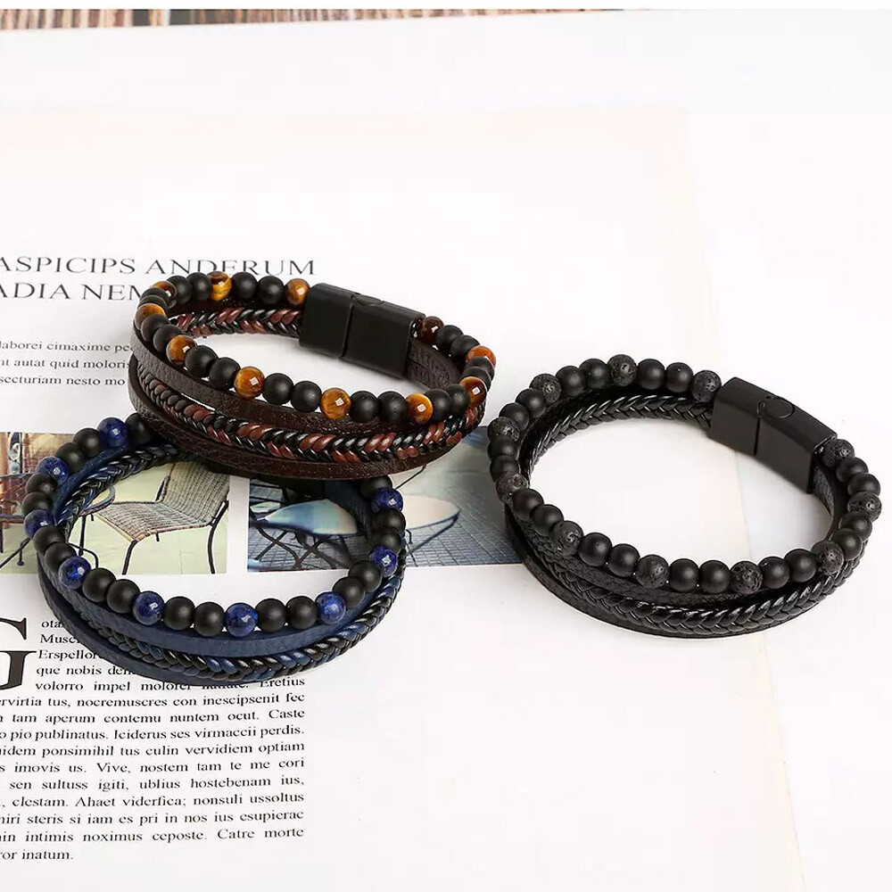 Men’s Layered Braided Leather Beaded Bracelet With Tiger Eye Natural Stone US