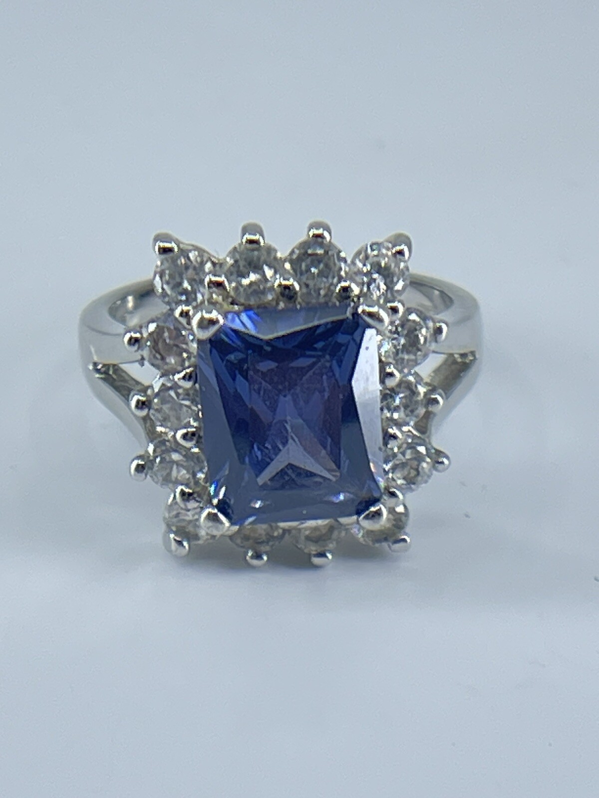 Ring ADI 925 sterling silver square blue amethyst small white rhinestones size 7