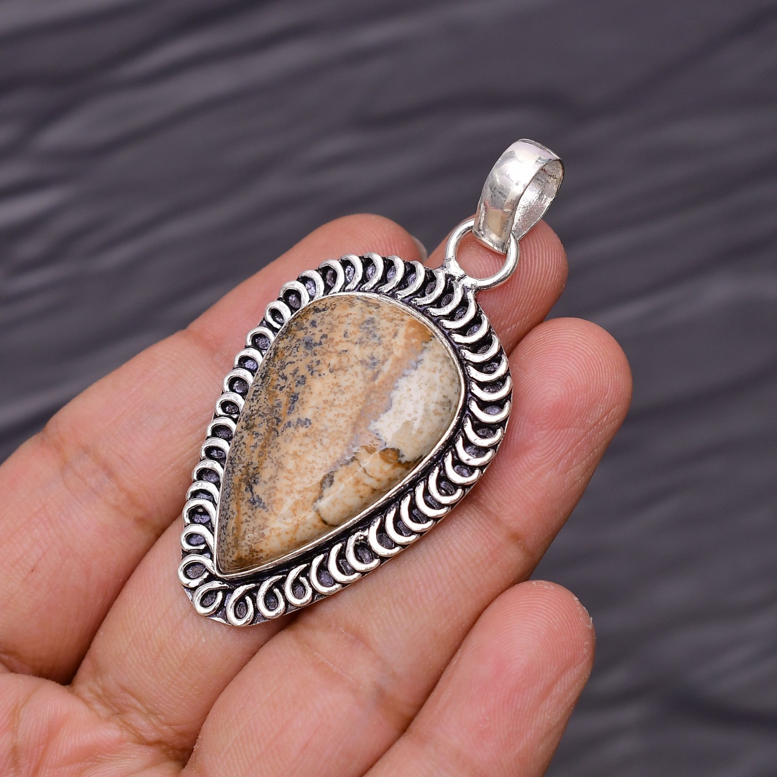 Picture Jasper Gemstone 925 Sterling Silver Jewelry Pendant 2.24″