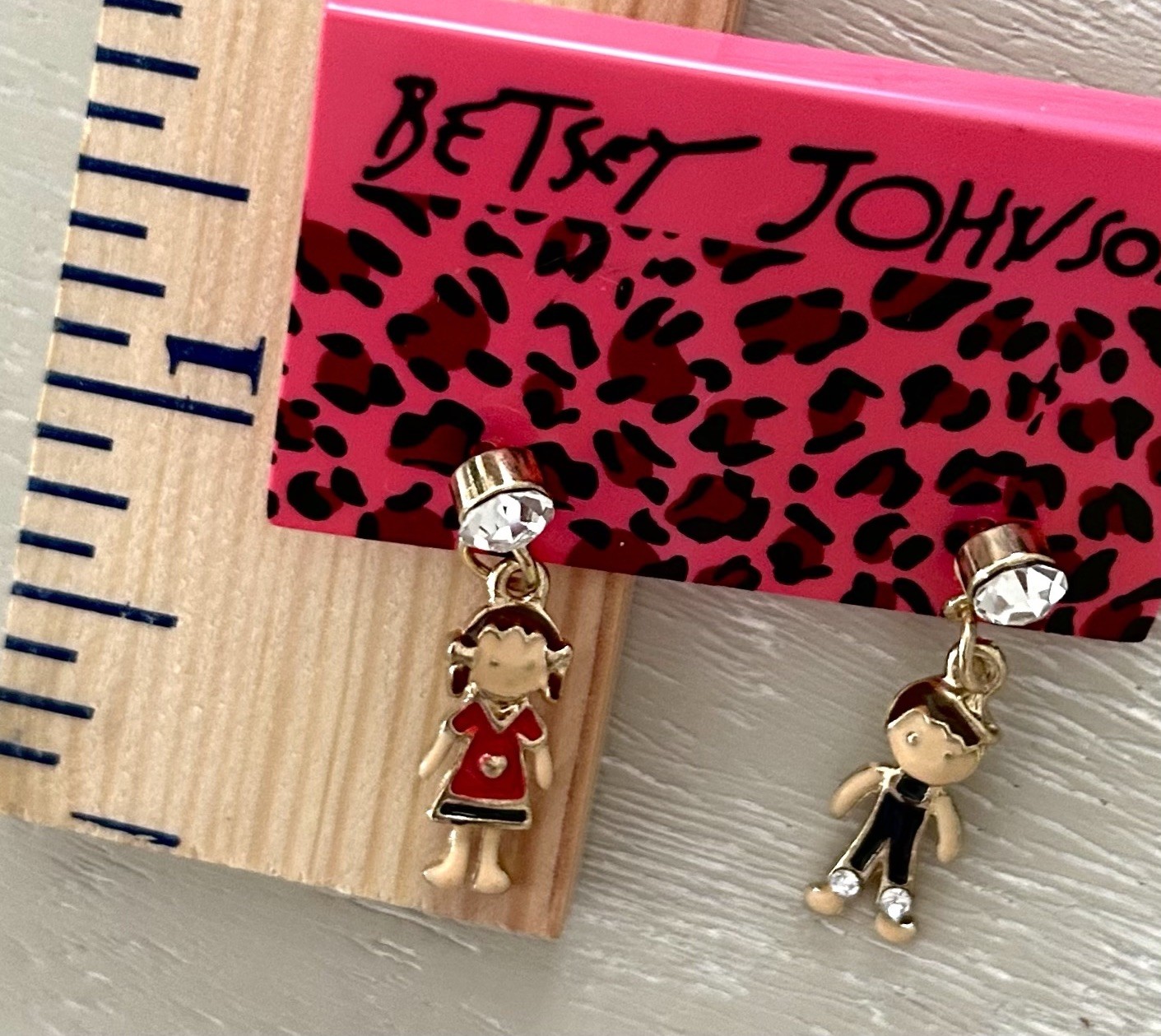 Betsey Johnson DARLING Red Blue Enamel Crystal Boy Girl Dangle Earrings NWT