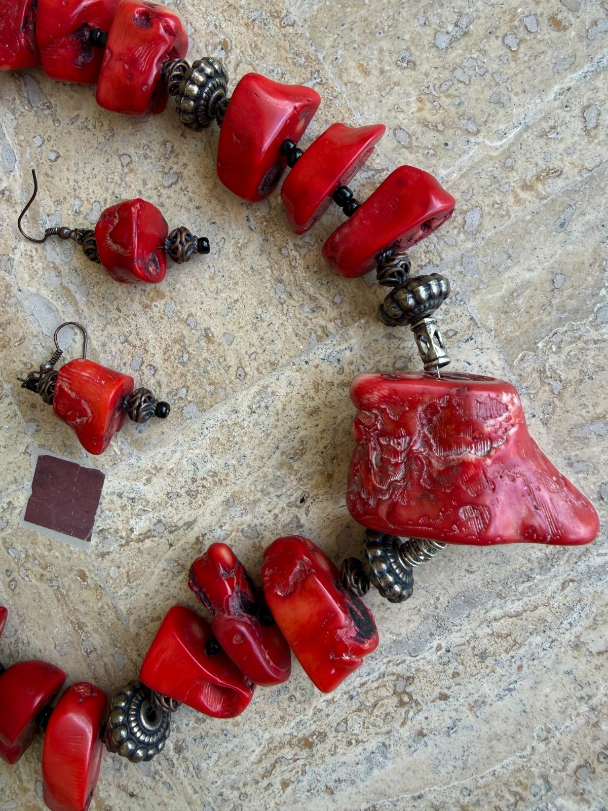 Vintage Chunky Red Bamboo Coral Style Necklace, Bracelet & Earrings-Large Boho