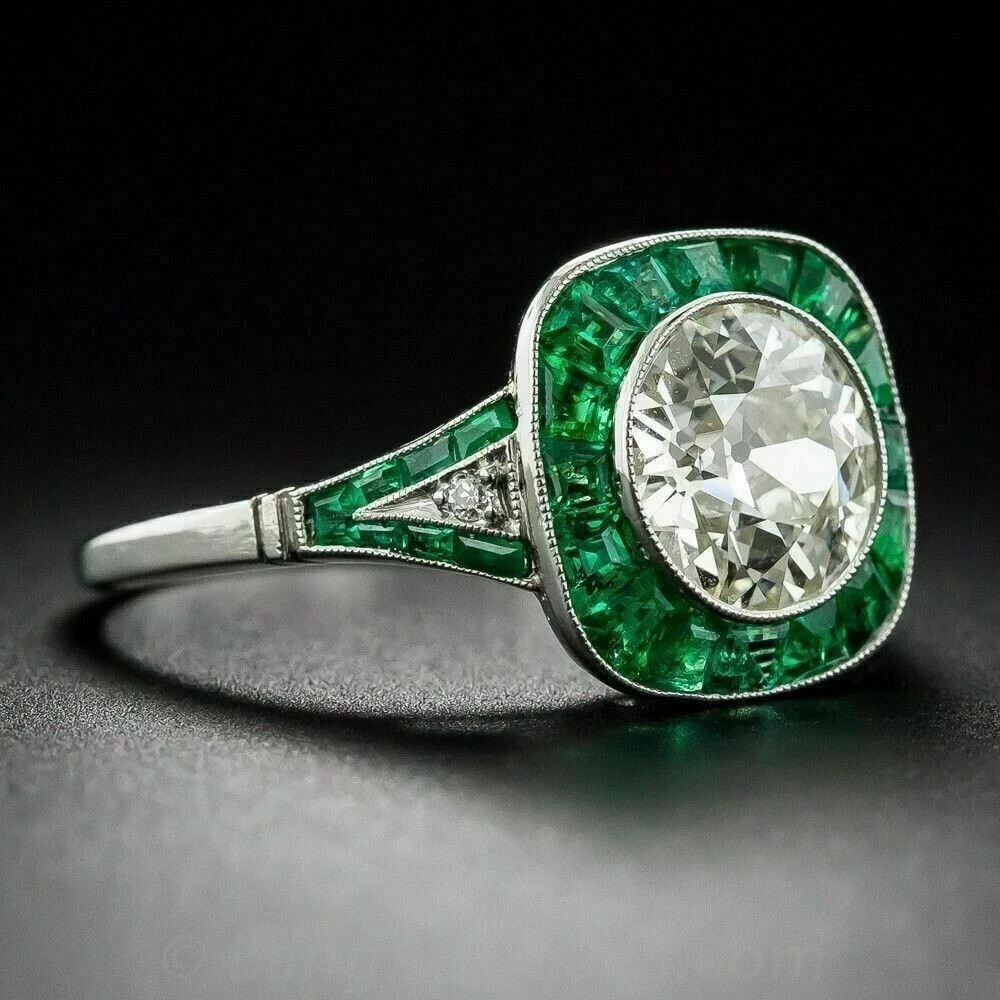 Art Deco Style Lab Created Diamond & Emerald Engagement 14k White Gold FN Ring
