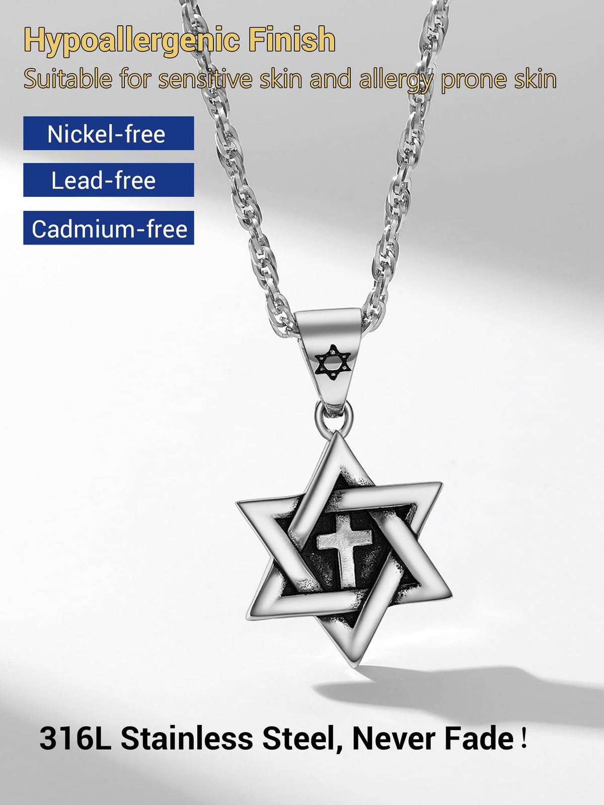 Star Of David Necklace For Men Jewish Jewelry Stainless Steel Cross Pendant C…