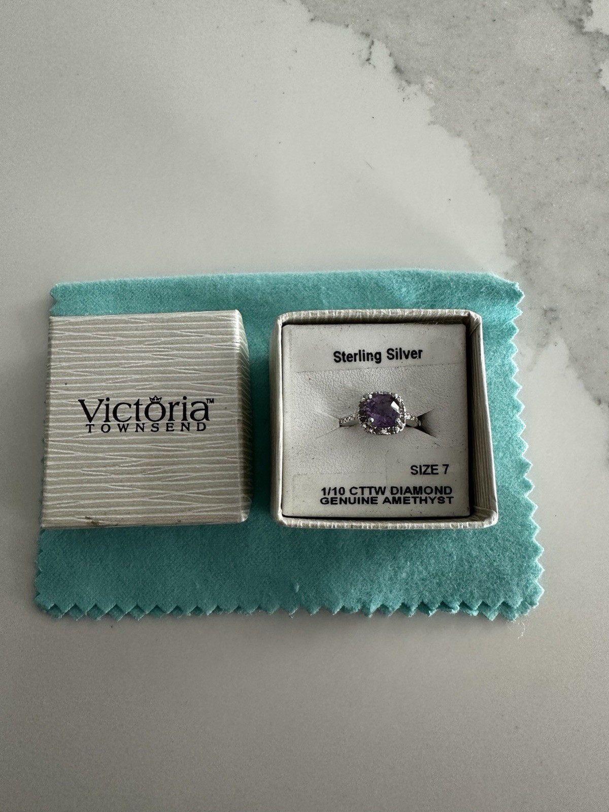 Victoria Townsend Sterling Silver Genuine Amethyst Diamond Ring Size 7 in Box