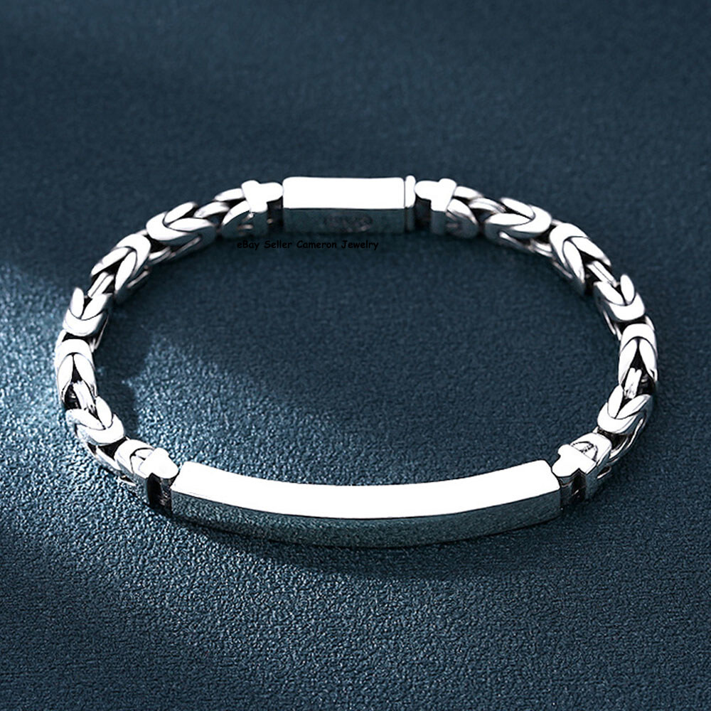 Solid S925 Sterling Silver Bracelet 4mm Byzantine ID Link Chain 7.1-7.9inch L