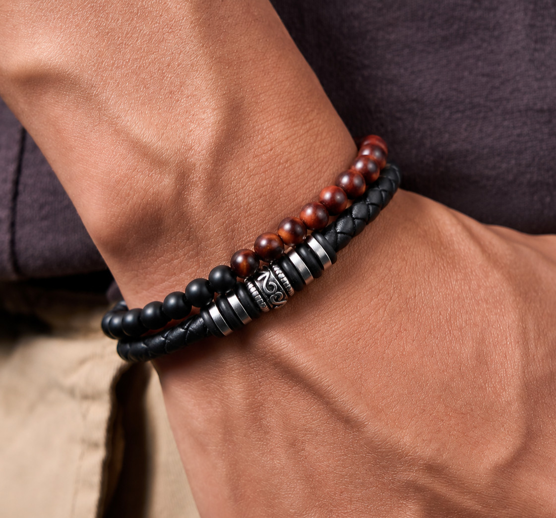 Red Tiger Eye Obsidian Leather Bracelet Double Layer Magnetic Clasp Men Gift