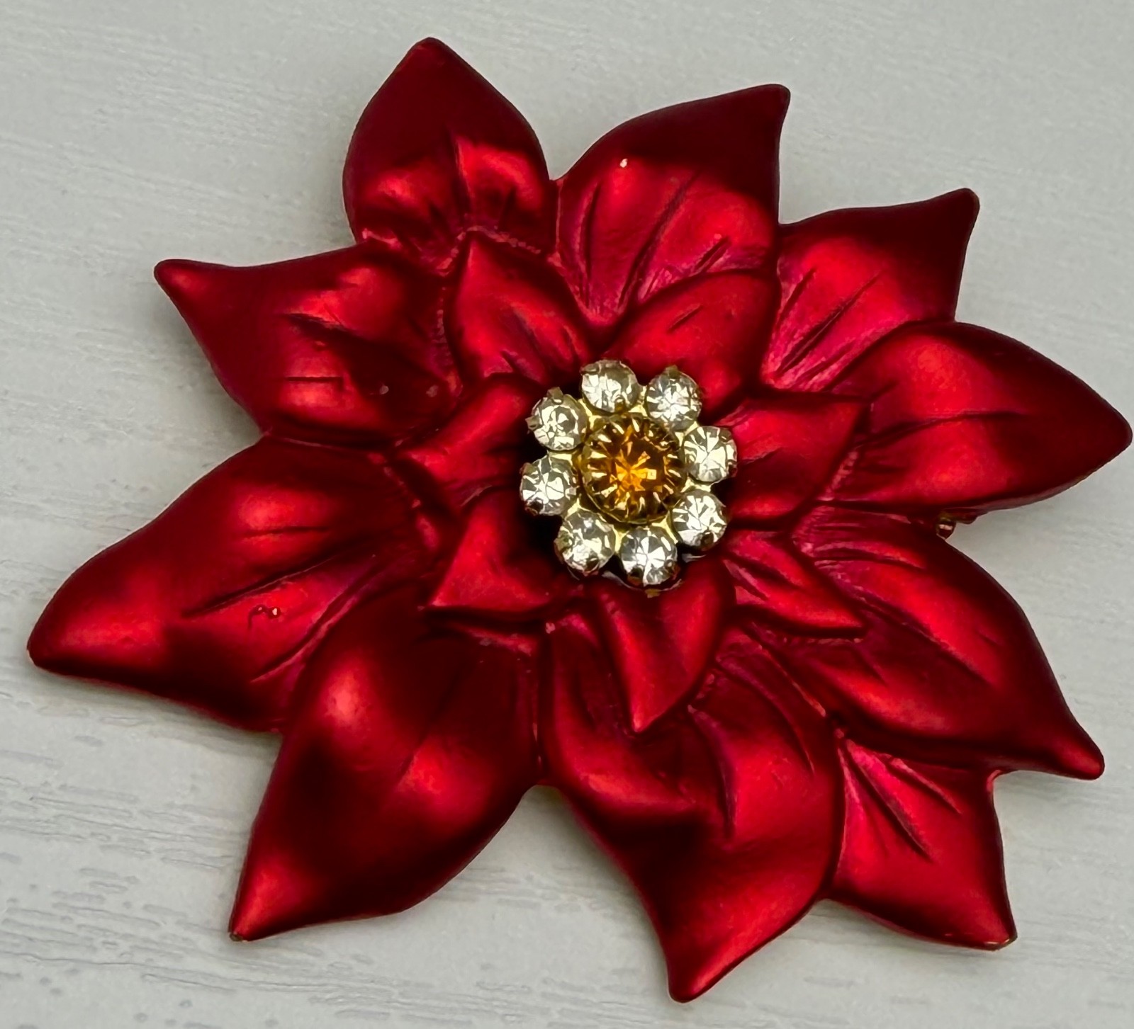 Vintage 2″ Christmas Red Poinsettia Flower Brooch Matte Enamel Rhinestone Pin