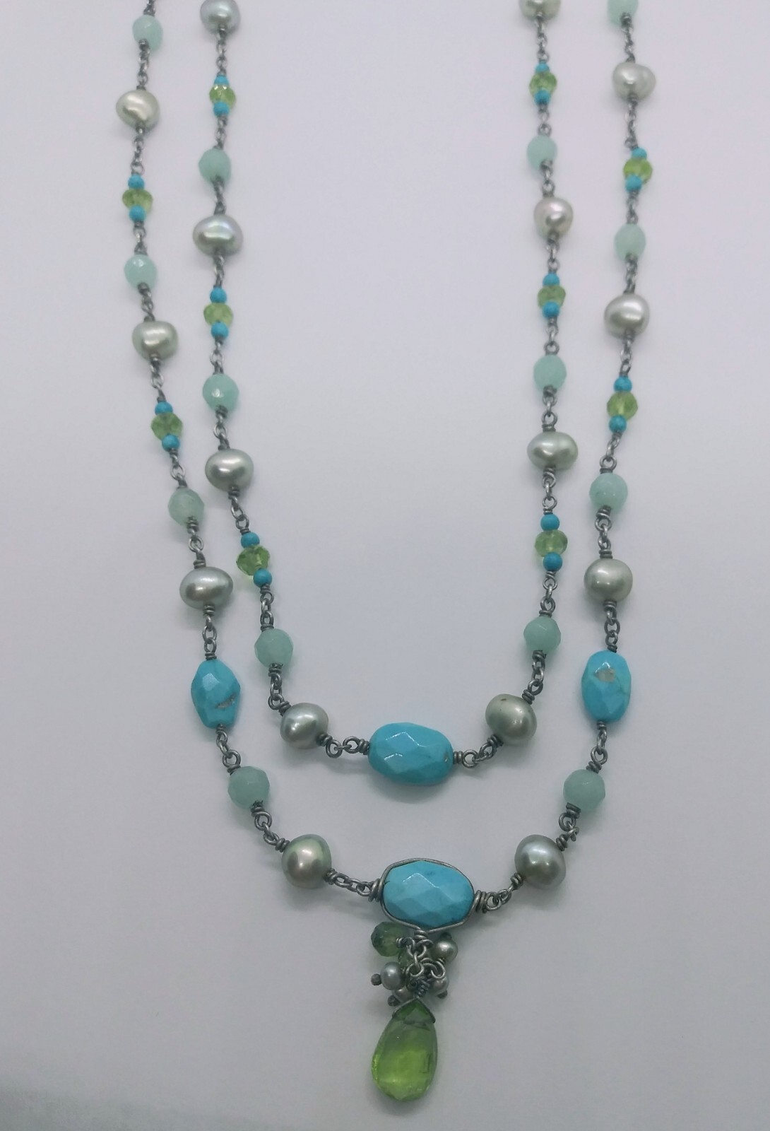 Sterling Silver Turquoise and Peridot Double Stranded Necklace Signed Harmony