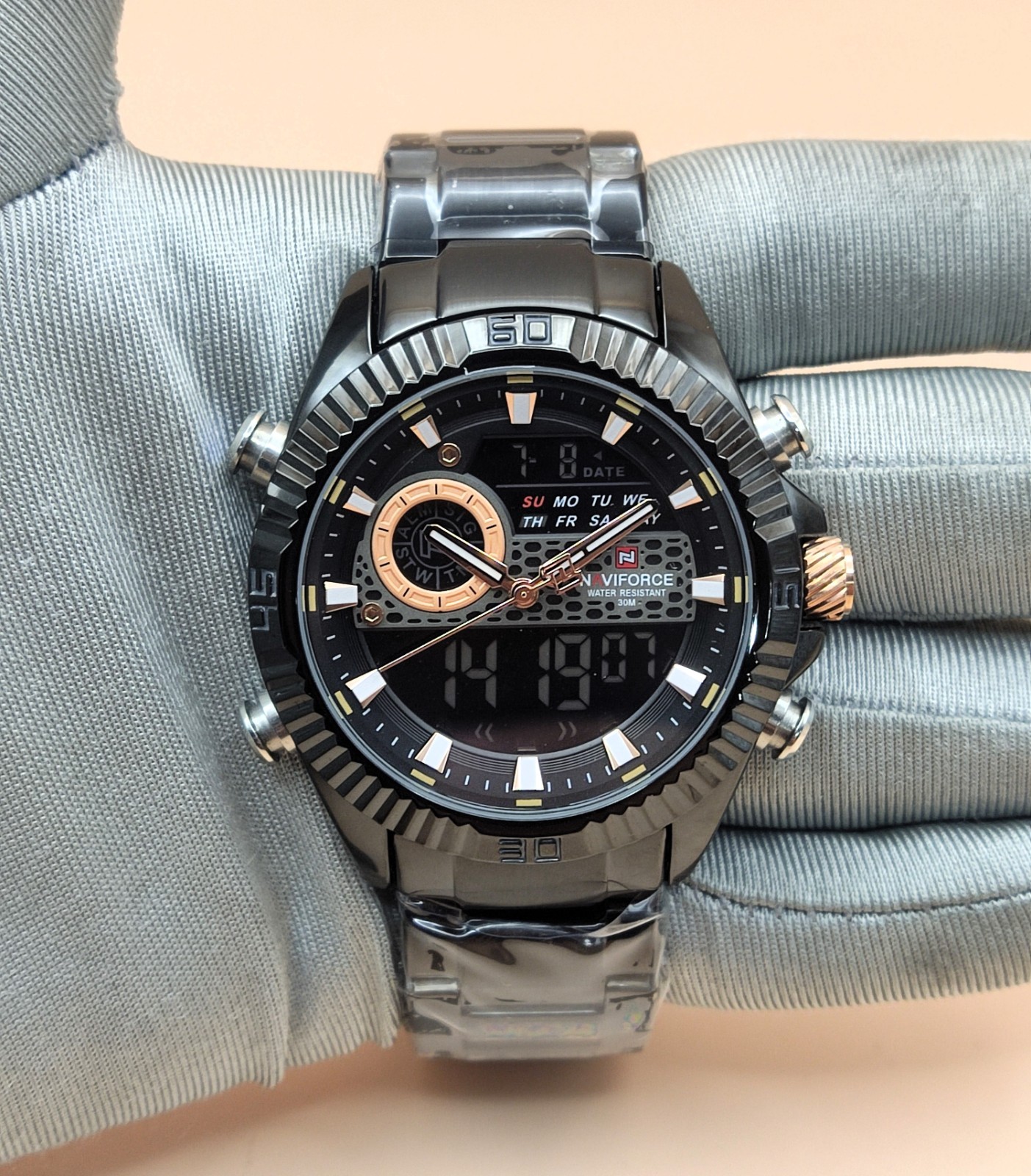#Rare Naviforce Stainless Steel Refurbished Ana Digi Black Men’s Wrist Watch