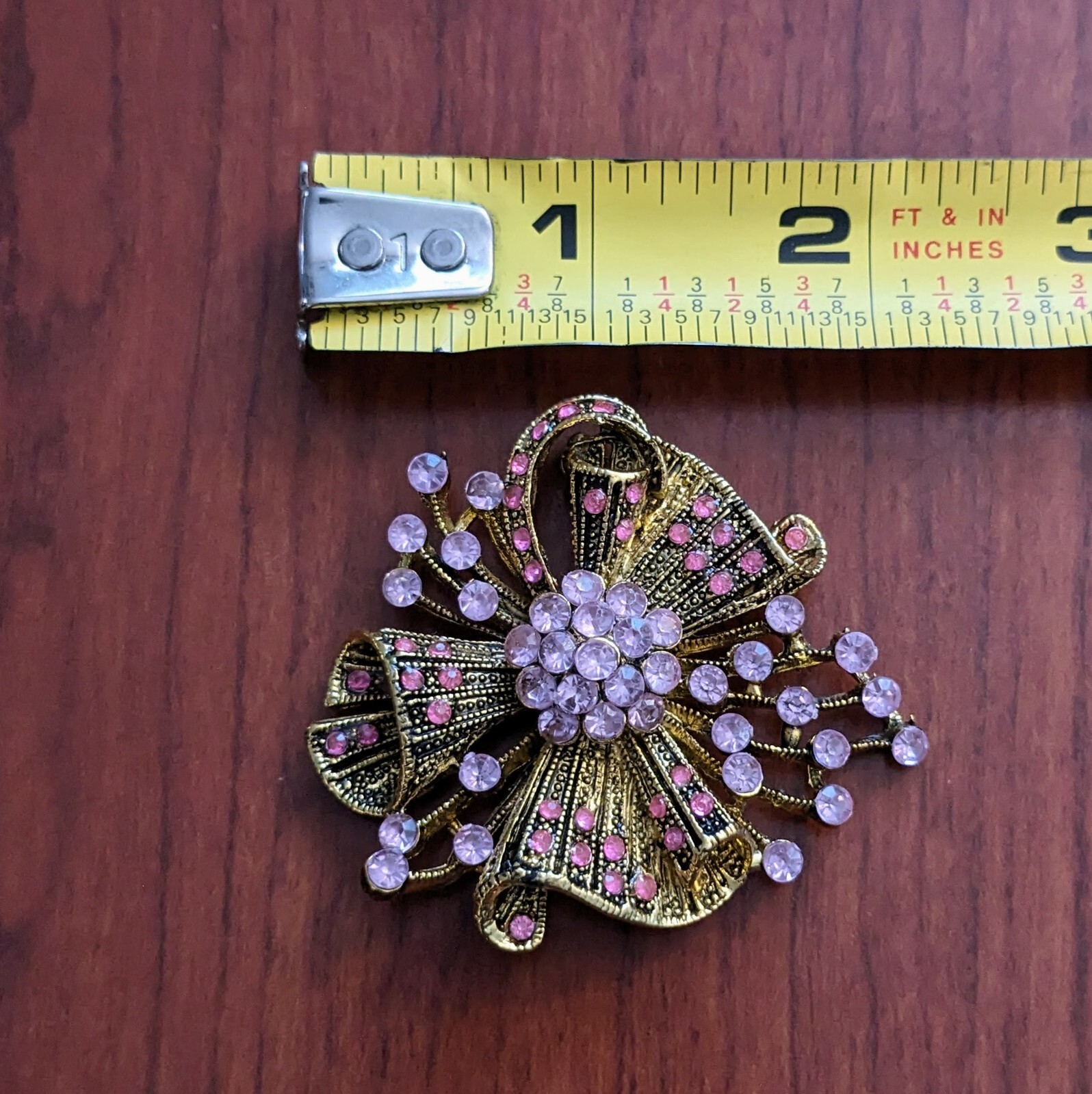 Vintage Brooch 2″ x 2.25″ Gold-Tone Metal Lavender Pink Rhinestones Elegant Pin