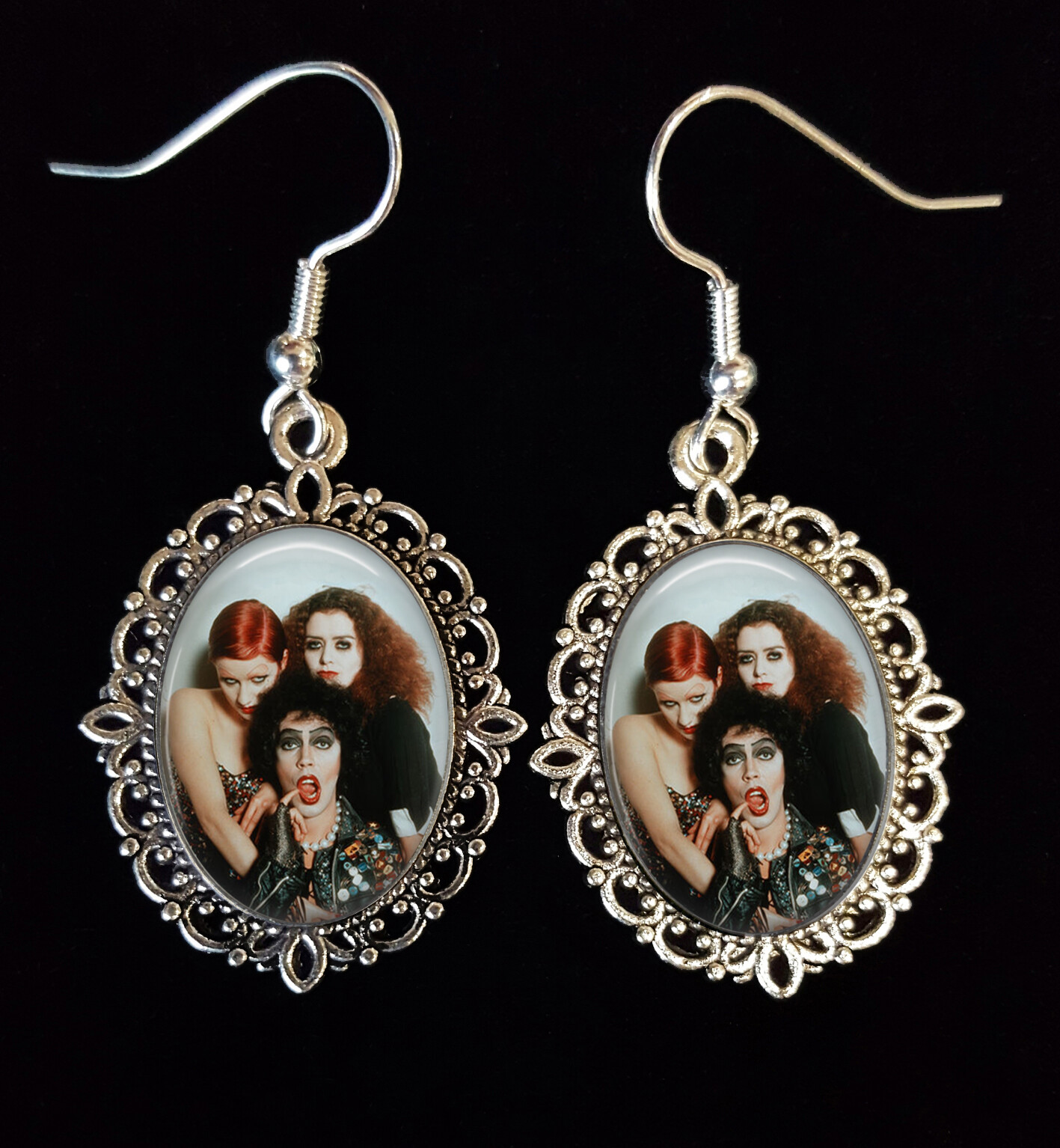 Dr Frank N Furter Rocky Horror Picture Show Antique Silver Drop Earrings Magenta