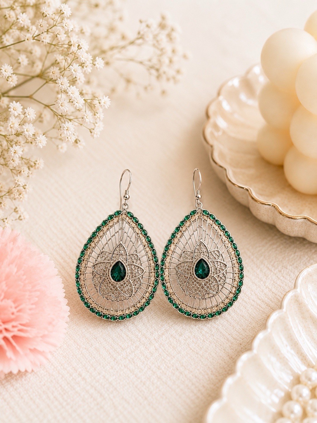 Green Crystal Teardrop Dangle Earrings Silver Tone Gift Box Included