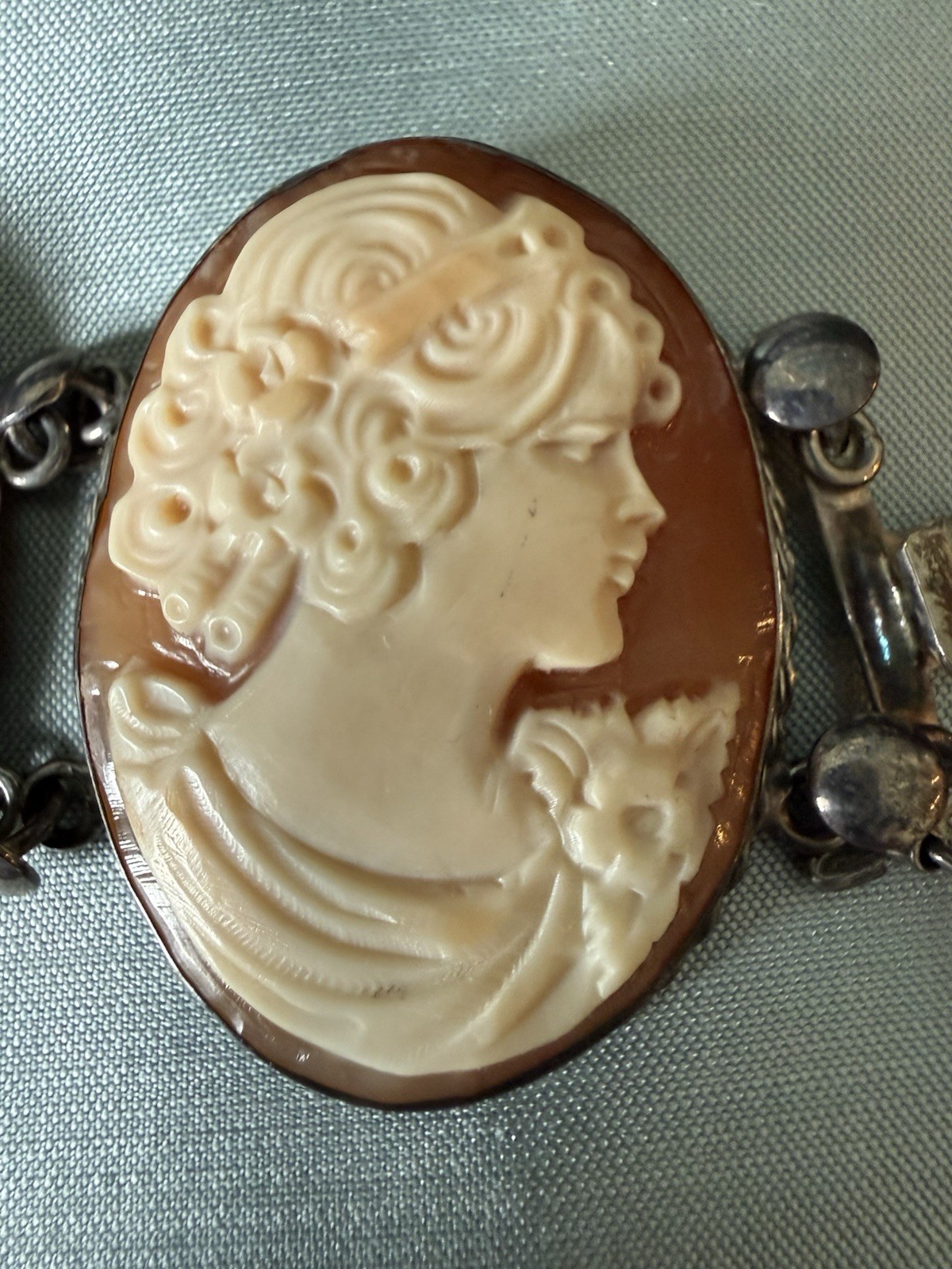 8 Inch Vintage￼Silver Cameo Bracelet, ￼ translucent Coral Color- 1.5 In Wide
