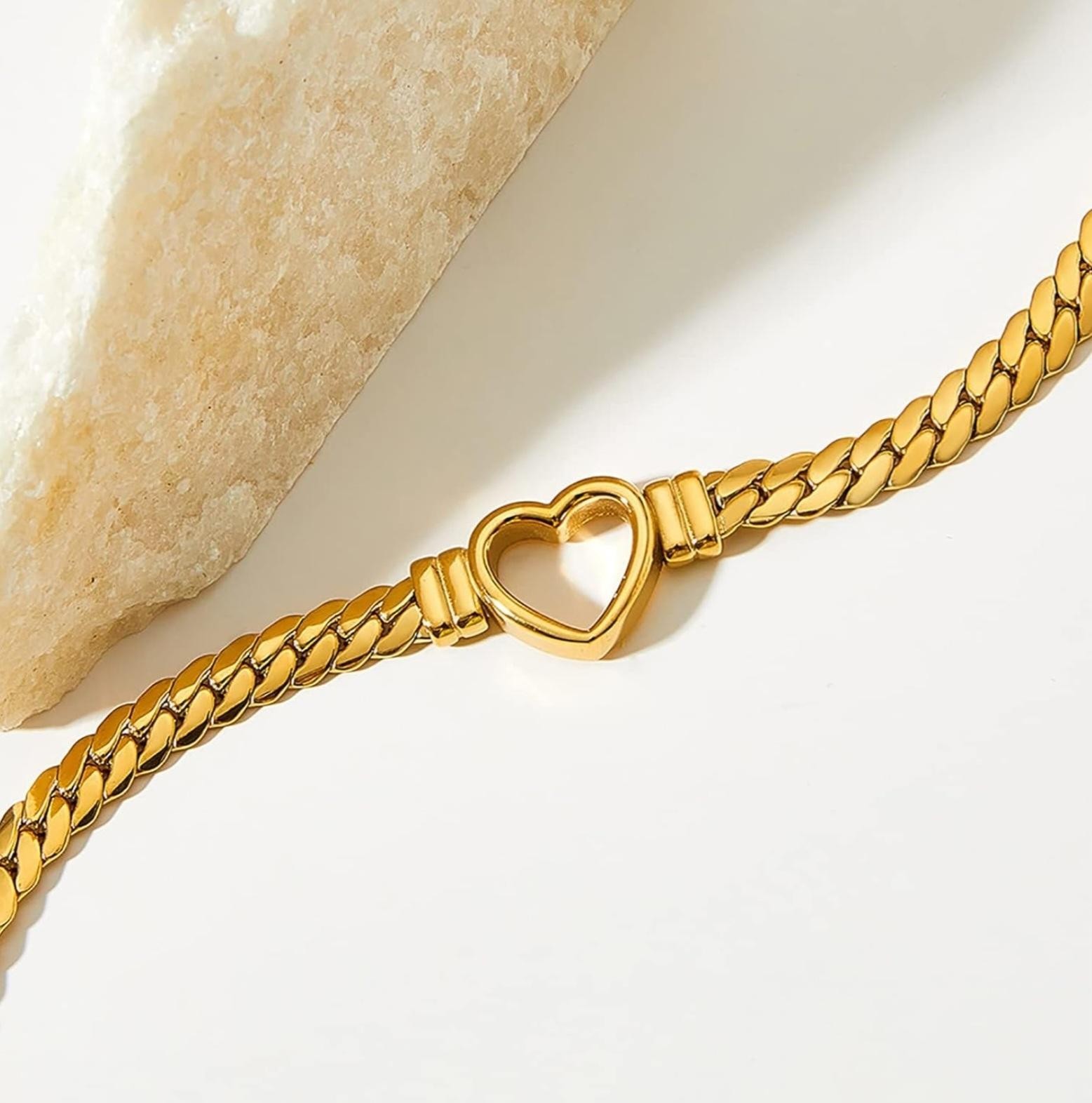 Flat Cuban Link Chunky Chain Necklace Gold Stainless Steel Hollow Heart Charms