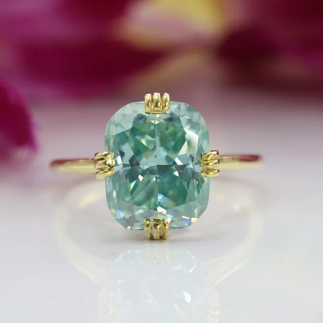 RARE 3Ct Cushion Cut Blue Treated Moissanite Solitaire Wedding Ring 14K Gold FN