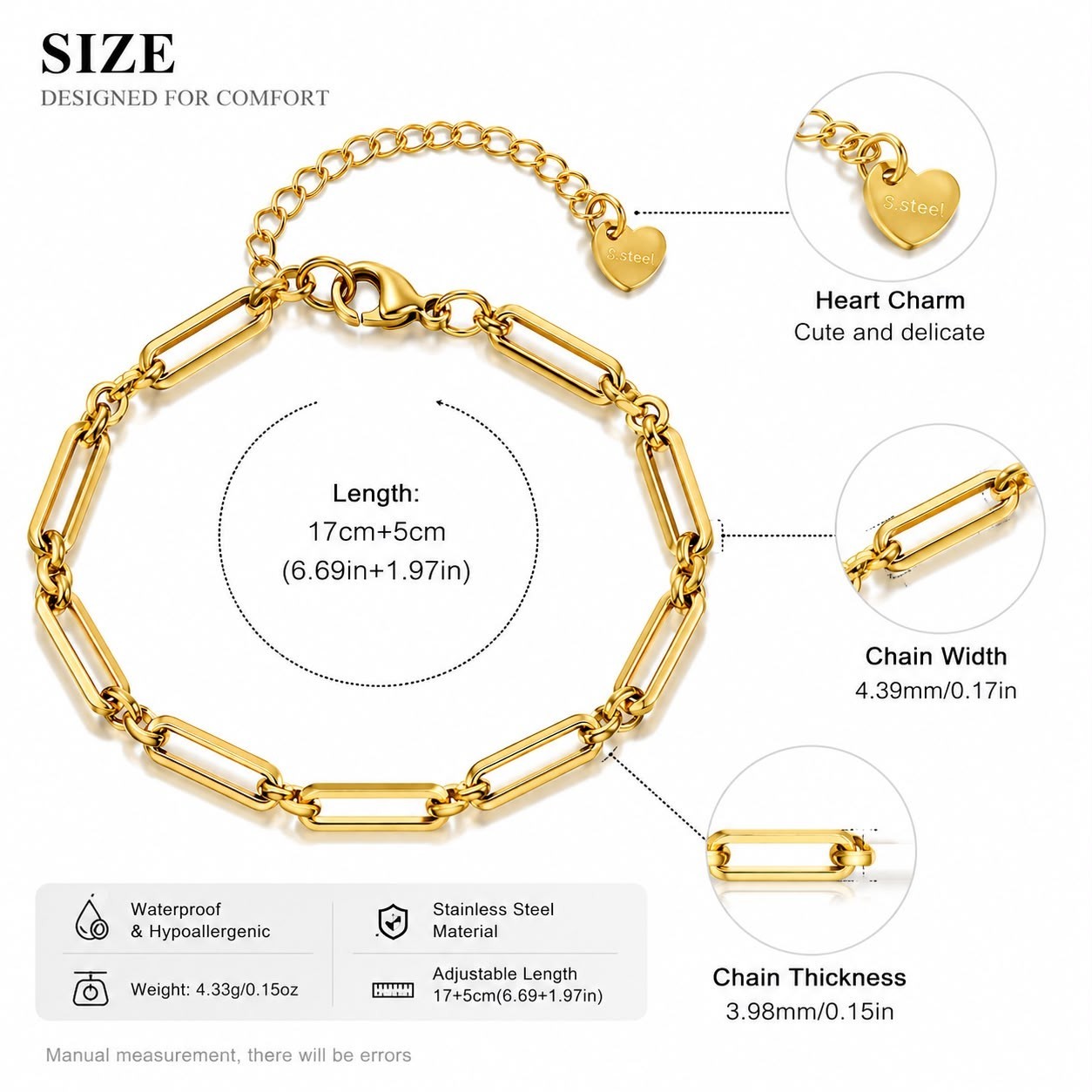 Gold Paperclip Bracelet for Women, Stainless Steel Adjustable Chain, Minimalist