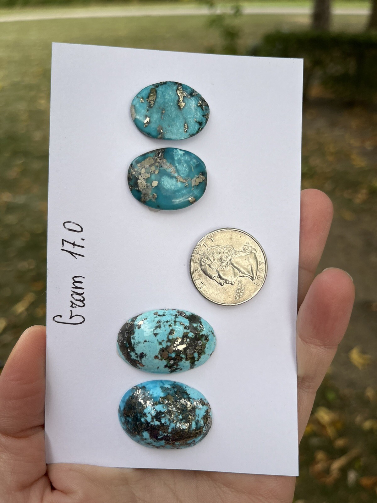 Natural Stabilized Turquoise cabochons with pyrite, lot 17.0 grams, 4 Pcs