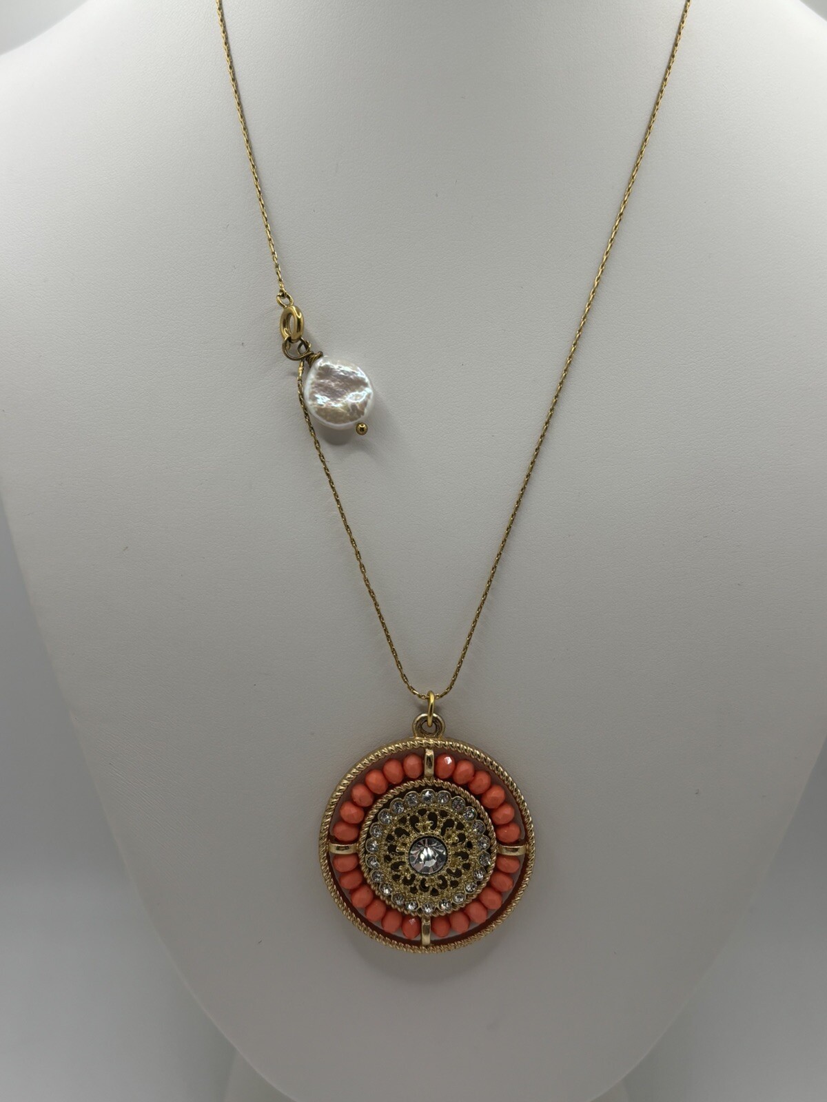 VTG Gold Tone Crystal Rhinstone Coral Medallion w/ Pearl Accent 18” Necklace