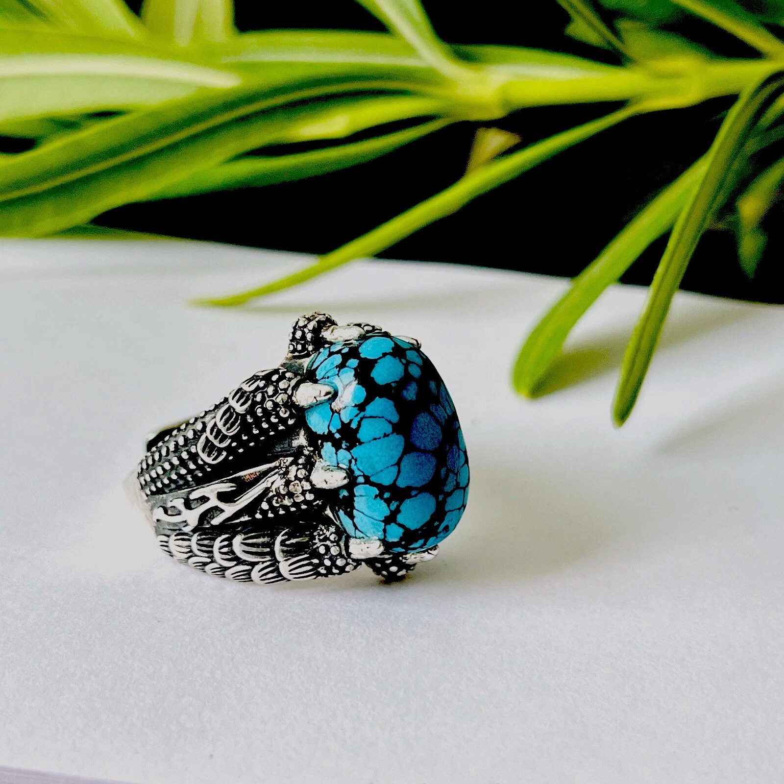 Natural Spiderweb Turquoise Eagle Claw Ring Men’s Unique Jewelry Size Fixable