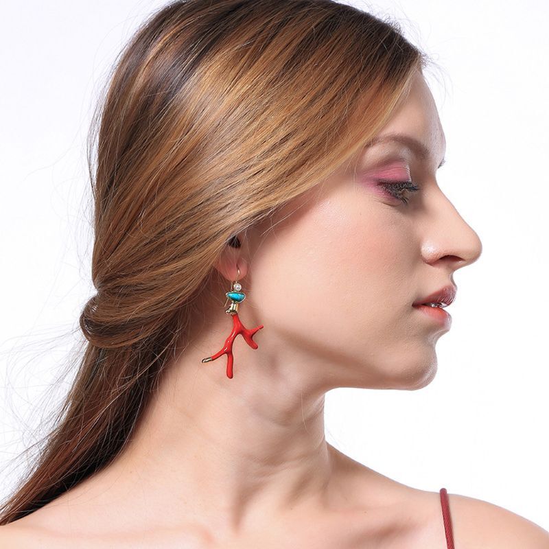 Branch Acrylic Resin Drop Earrings Red Enamel Coral Antlers Earrings