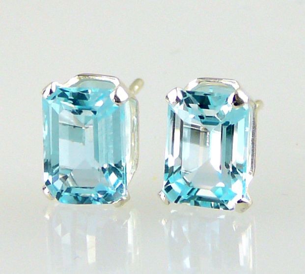 Natural Blue Topaz Emerald cut Stud Earrings .925 SS Sterling Silver 2.40CT