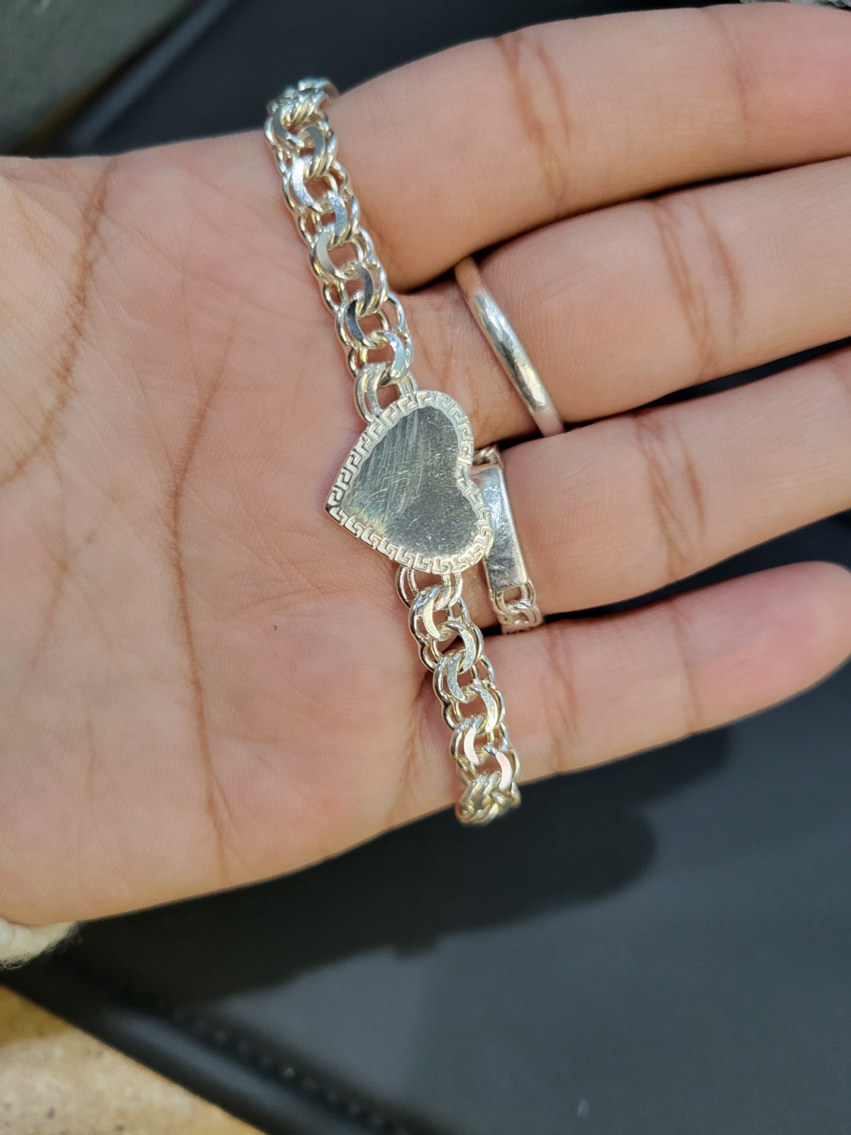 925 sterling silver Chino Heart Link W/ Heart Greek Lock Bracelet 7.5″ 6mm