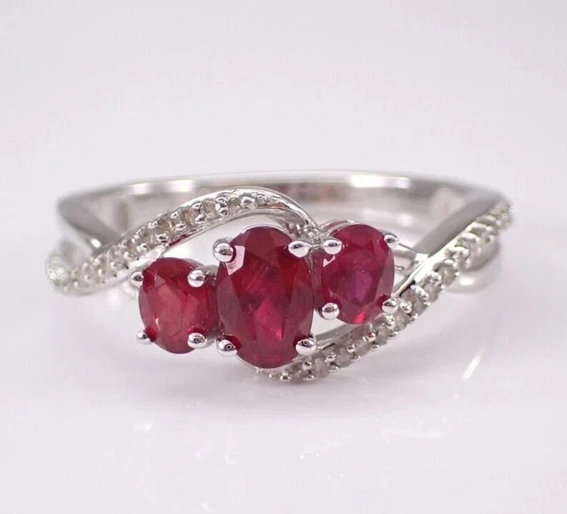 2.50Ct Oval Cut Lab-Created Ruby Three Stone Engagement Ring White Gold Plated