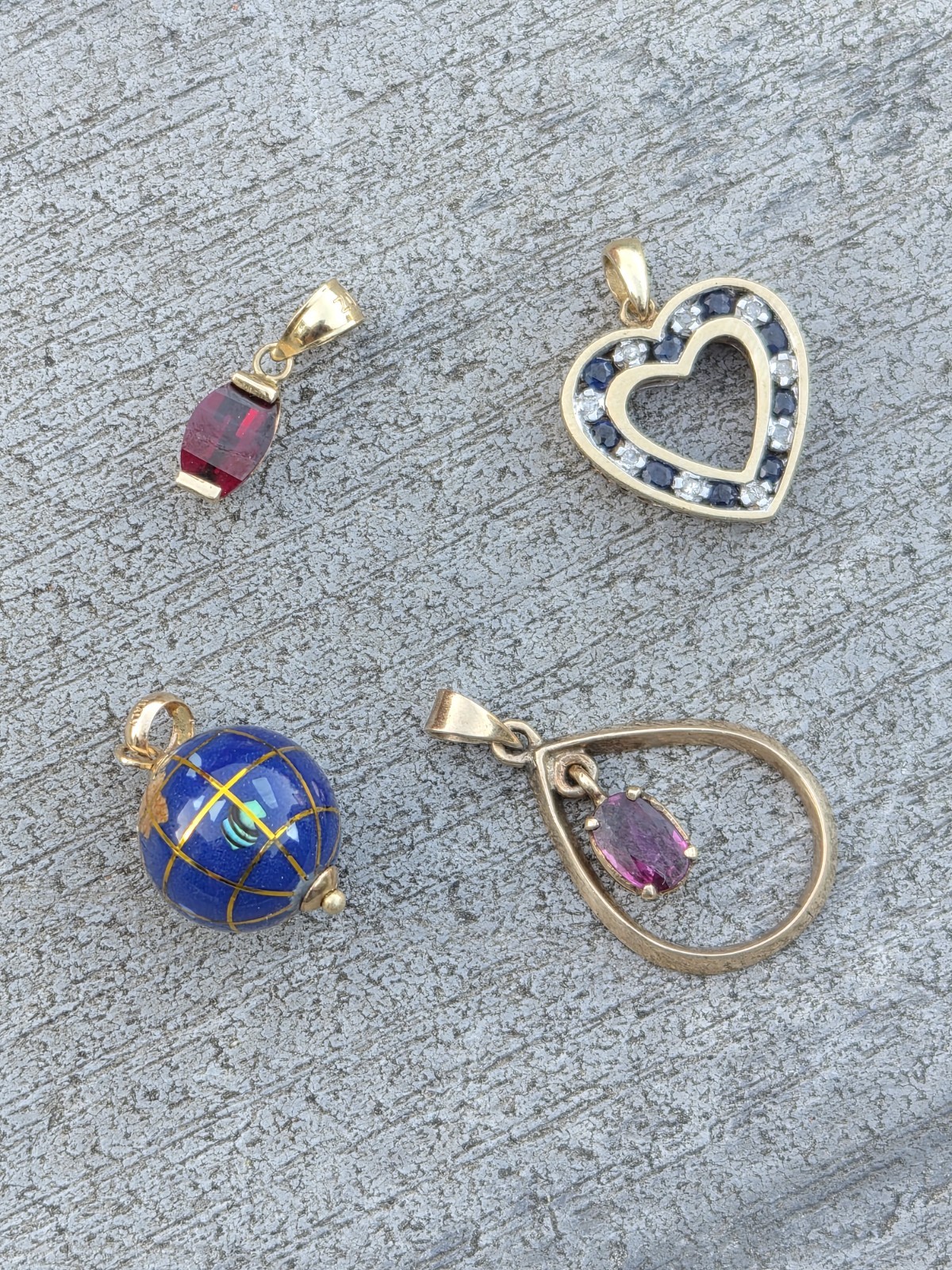 Lot 4 Pendants 10K – 14K Dimaonds Sapphires Rhodolite Garnet Ruby Lapis